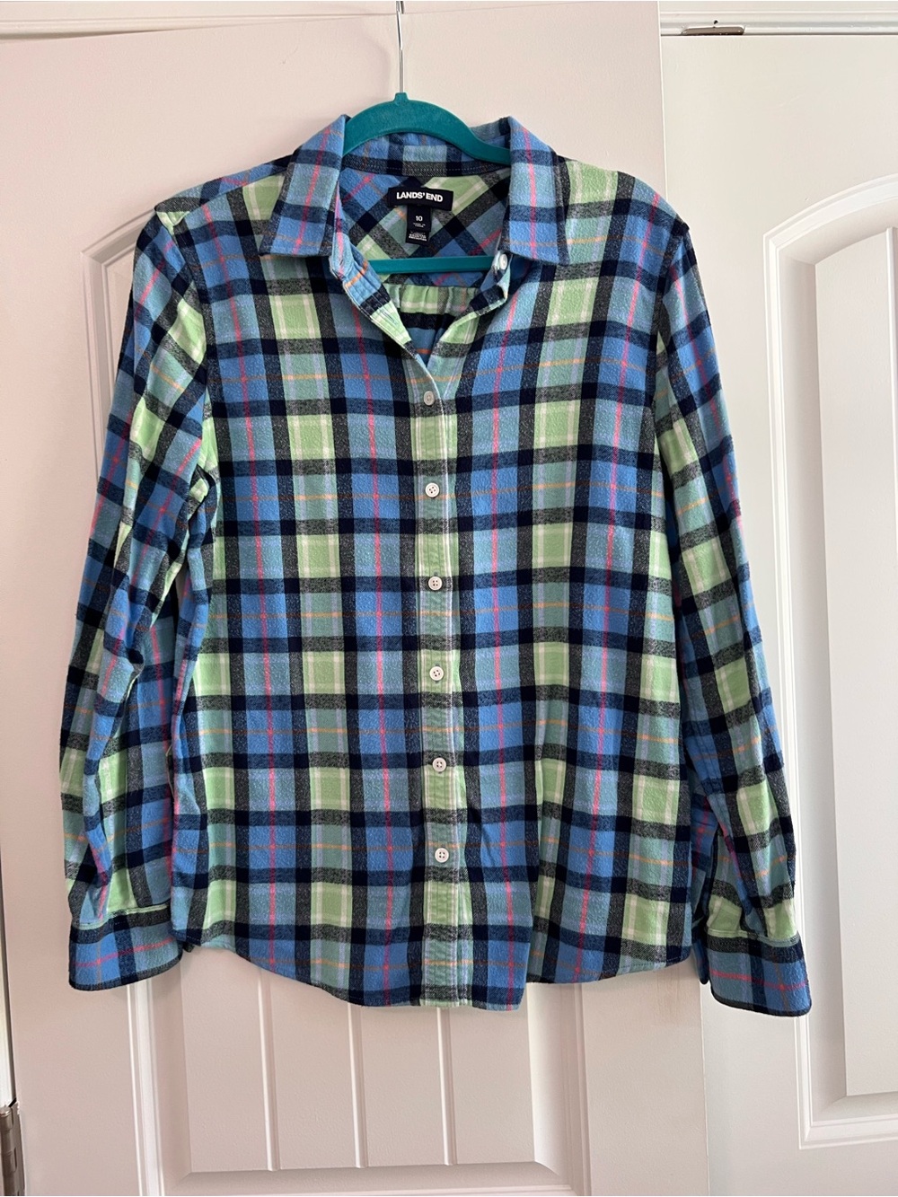 Lands' End Blue Green Plaid Cotton Flannel Button Down Shirt Women's Size 10